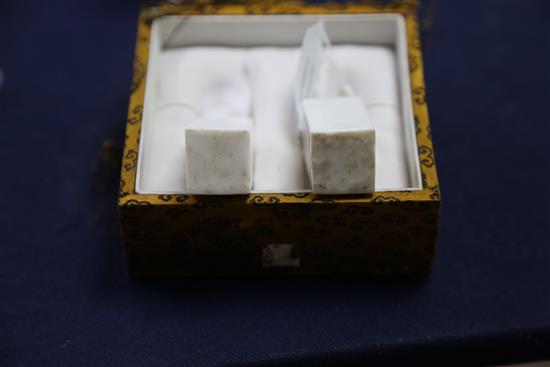 A pair of Chinese blanc de chine seals, PLEASE NOTE Republic period NOT Kangxi, H. 8cm, fitted box